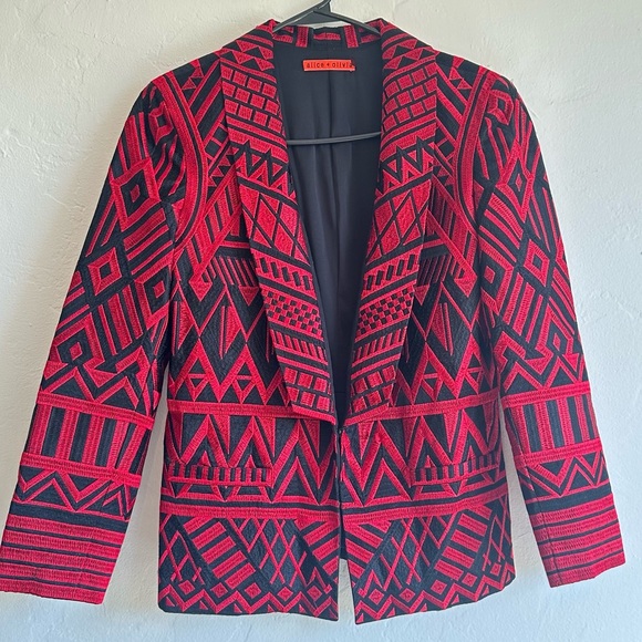 Alice + Olivia Christian Red Black Embroidered Silk Blazer geometric pattern M - Picture 2 of 14